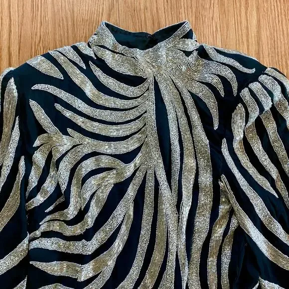 Vintage 1980s Black Beaded Silk Long Maxi Evening Gown Womens Medium - Picture 4 of 16